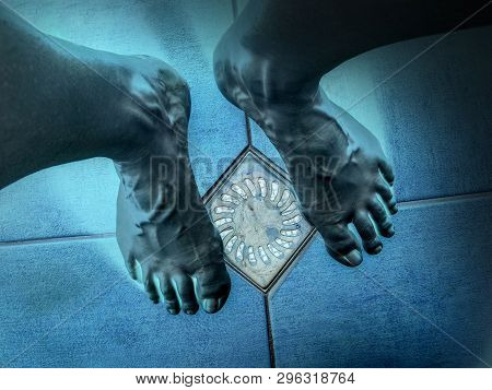 Shower Floor With Naked Girl Feet. Naked Shaved Legs Skin, Wet Floor. Abstrack Toned Picture