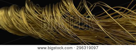 Twisting Golden Wires. Flowing Metal Rods On Air. 3d Illustration