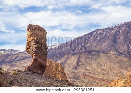 Panoramic View Of Unique Roque Cinchado Unique Rock Formation With Famous Pico Del Teide, Tenerife