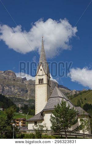 Church In Arabba Village, Dolomites Alps, Italy