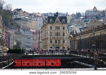 Karlovy Vary, Czech Republic - April 11, 2019: A Lot Of Tourists In Centre Of Spring City