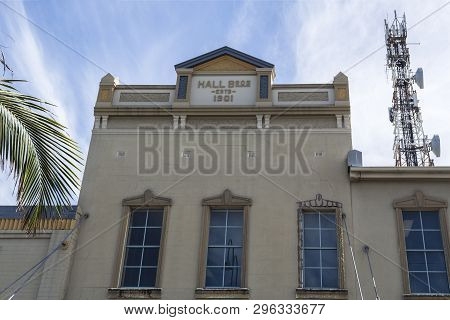 Grafton, Australia - April 9, 2019: Facade Of A Heritage Building With Art Deco Architectural Elemen