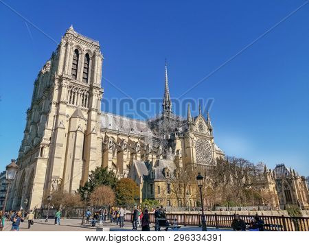 PARIS, FRANCE - MARCH 22, 2019: beautiful view Notre Dame Cathedral in Paris France (French for Our Lady of Paris)