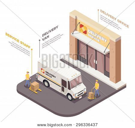 Delivery Logistics Shipment Isometric Composition With Images Of Staff Members Delivery Van And Info