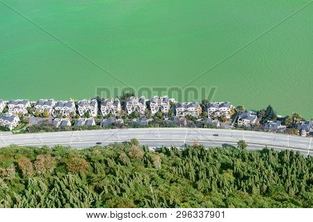 Aerial View Of The Road And Rich Houses By Dianchi Lake. Kunming. China. View From West Mountains.