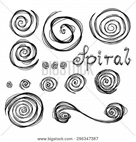 Vector Grunge Organic Ink Textured Spiral Set. Abstract Design Elements Set.