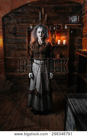 Scary witch stands leaning on a cane, seance