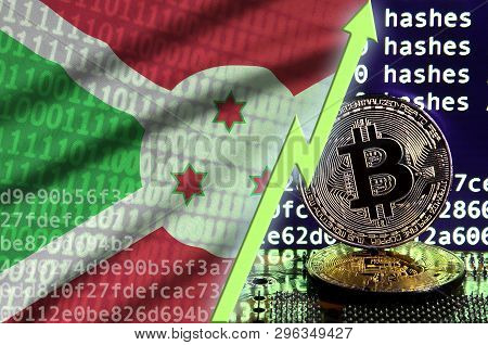 Burundi Flag And Rising Green Arrow On Bitcoin Mining Screen And Two Physical Golden Bitcoins