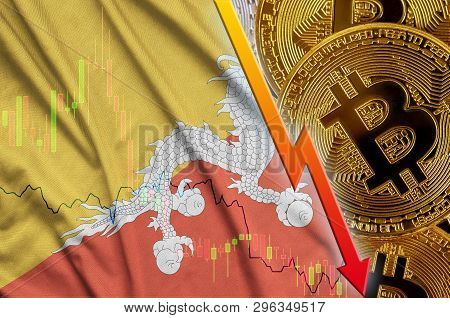 Bhutan Flag And Cryptocurrency Falling Trend With Many Golden Bitcoins