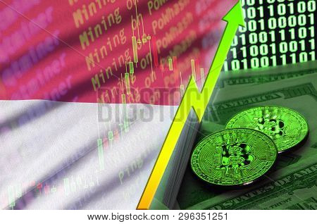 Indonesia Flag And Cryptocurrency Growing Trend With Two Bitcoins On Dollar Bills And Binary Code Di