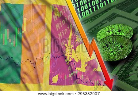 Sri Lanka Flag And Cryptocurrency Falling Trend With Two Bitcoins On Dollar Bills And Binary Code Di