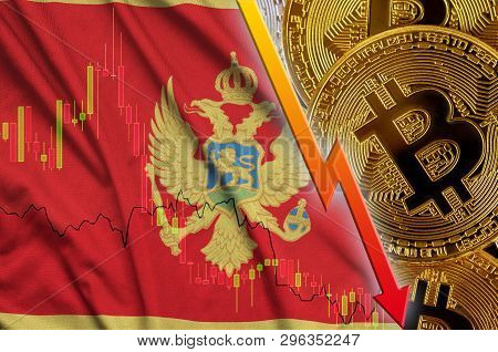 Montenegro Flag And Cryptocurrency Falling Trend With Many Golden Bitcoins