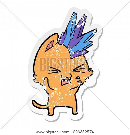 distressed sticker of a cartoon punk rock cat hissing