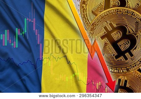 Chad Flag And Cryptocurrency Falling Trend With Many Golden Bitcoins