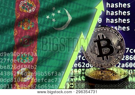 Turkmenistan Flag And Rising Green Arrow On Bitcoin Mining Screen And Two Physical Golden Bitcoins