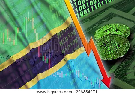 Tanzania Flag And Cryptocurrency Falling Trend With Two Bitcoins On Dollar Bills And Binary Code Dis