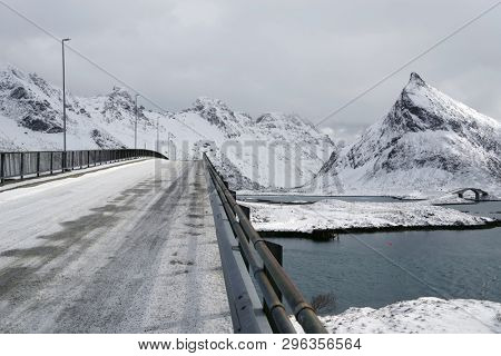 Sandbotnen winter landscape in Lofoten Archipelago, Norway
