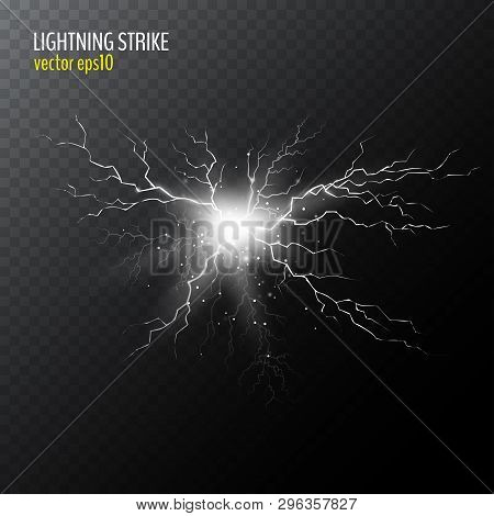 Half Transparent Lightning Bolt On Dark Transparent Background. Thunderbolt With Cloud. Vector Illus