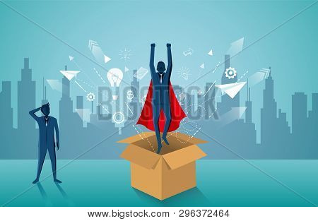 Think Outside The Box. Superhero Businessmen Fling Out Of The Box Are Flying Up Into The Sky. Startu