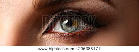 Female Left Emerald Green Coloured Eye Extreme Closeup. Low Light Technique Oculist And Perfect Visi