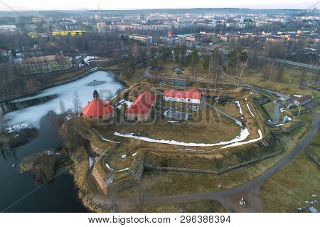 View Of The Old Korela Fortress And The Town Of Priozersk On An April Evening (aerial Photography). 