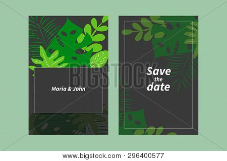 Set Of Wedding Invitations With Tropical Leaves, Collection Of Flyers, Greeting Cards. Vector Flat I