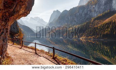 Sunny Morning, At Vorderer Gosausee Lake. Picturesque Autumn Scenery. Lake Under Warm Sun. View Of A