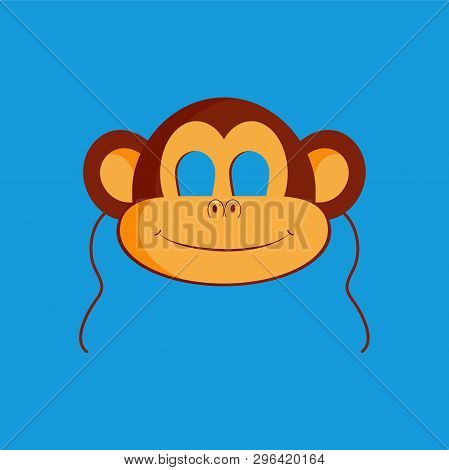 Mask Of Monkey Animal For Kids Birthday Or Costume Party Vector Illustrations. Cute Cartoon Head Of 