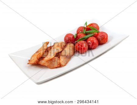 Roast Mackerel Icefish With Grilled Tomatoes On A White Background