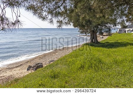 Loutra, Kassandra,  Greece - March 31, 2019: Panorama Of Resort Of Loutra, Kassandra, Chalkidiki, Ce