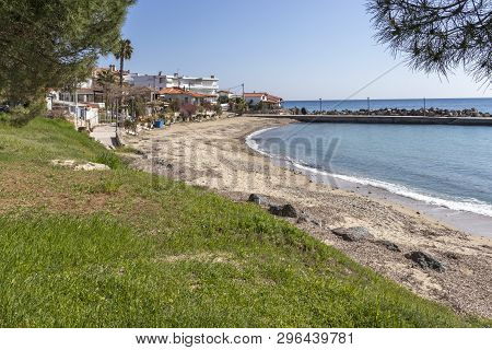 Loutra, Kassandra,  Greece - March 31, 2019: Panorama Of Resort Of Loutra, Kassandra, Chalkidiki, Ce