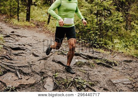 Male Runner Running Forest Trail In Mud, Stones And Roots