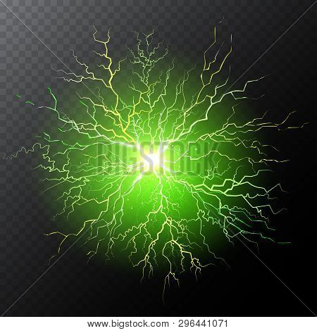 Half Transparent Lightning Bolt On Dark Transparent Background. Green Thunderbolt With Cloud. Vector