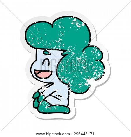 distressed sticker cartoon illustration of a kawaii alien girl
