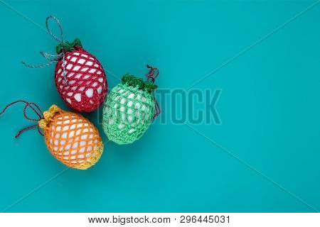 Easter Gift Card Of Colorful Paschal Eggs With Copy Space On Blue Background. Close-up Of Multicolor