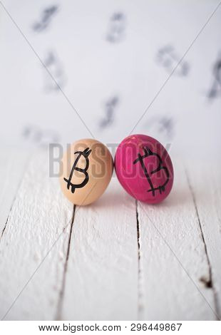 Bitcoin Eggs On A Wooden Blurred Background.