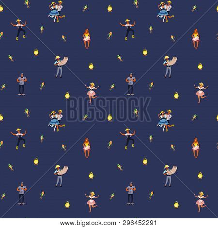 Festa Junina Seamless Pattern With Dancing People, Musicians, Bonfire, Lanterns, On Blue Background.