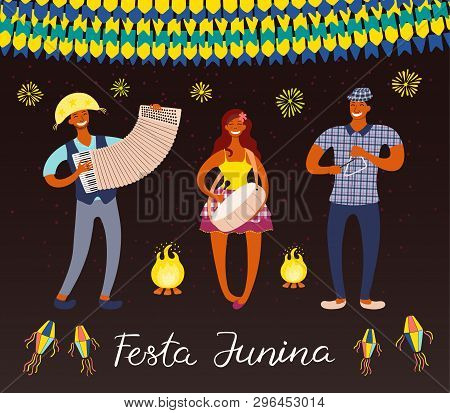 Festa Junina Poster With Musicians, Lanterns, Bunting, Fireworks, Portuguese Text, On Dark Backgroun