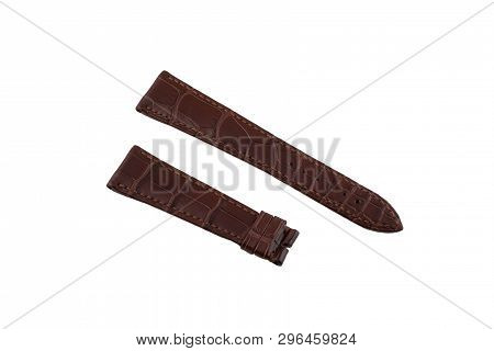 Brown, Leather Watchband Stitched At The Edges, Isolated On White Background.