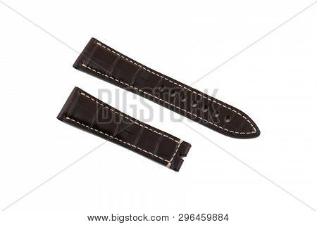 Dark Brown, Leather Watchband White Stitched At The Edges, Isolated On White Background.