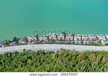 Aerial View Of The Road And Rich Houses By Dianchi Lake. Kunming. China. View From West Mountains.
