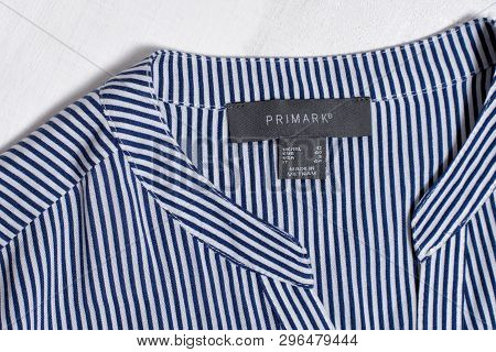Kharkov, Ukraine - March 04, 2019: Label Primark On Striped Blouse. Fashion Concept. Close Up