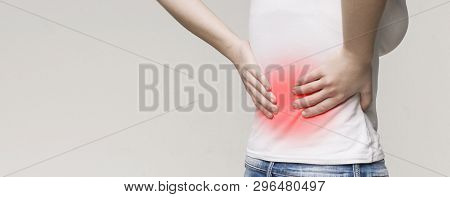 Back Pain, Kidney Inflammation, Woman Suffering From Backache, Red Inflamed Zone, Panorama