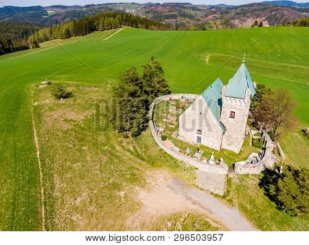 Aerial View Of St Michael Chapel In Czech Republic. Chapel Is One Of The Oldest Church In Country. F