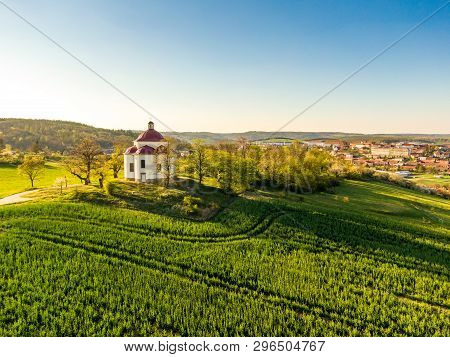 Aerial View Of Baroque Chapel Near Rosice City, Czech Republic. Catholic Religion Building Is Nation