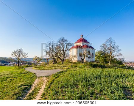 Aerial View Of Baroque Chapel Near Rosice City, Czech Republic. Catholic Religion Building Is Nation
