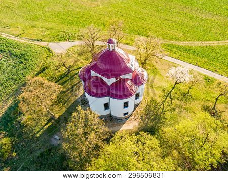 Aerial View Of Baroque Chapel Near Rosice City, Czech Republic. Catholic Religion Building Is Nation