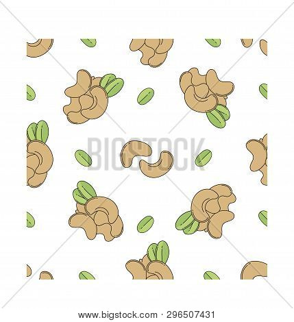 Cashew Nuts Colored Isolated Seamless Pattern On White Background.