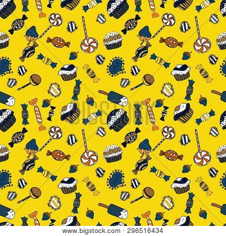 Christmas Vector Seamless Pattern With Candies On Yellow, Blue And White Background. Wrapping Paper 