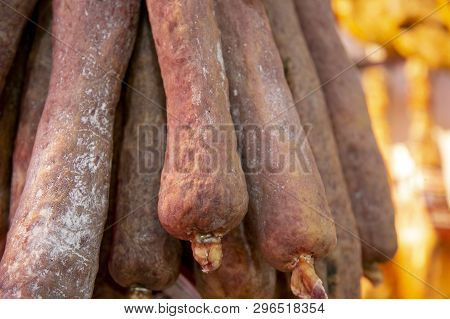 Chorizo Hung In The Butchery Of The Town Market